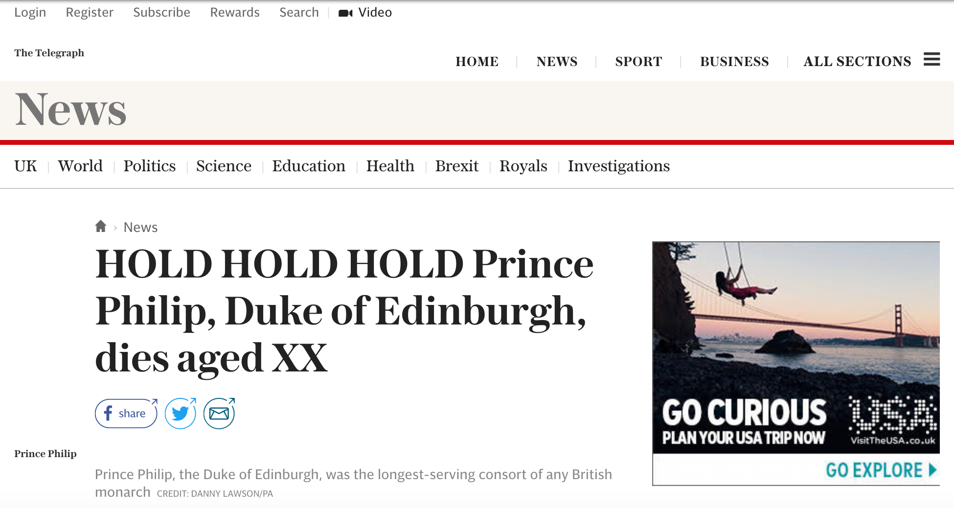 Prince Phillip Obituary Telegraph Headline