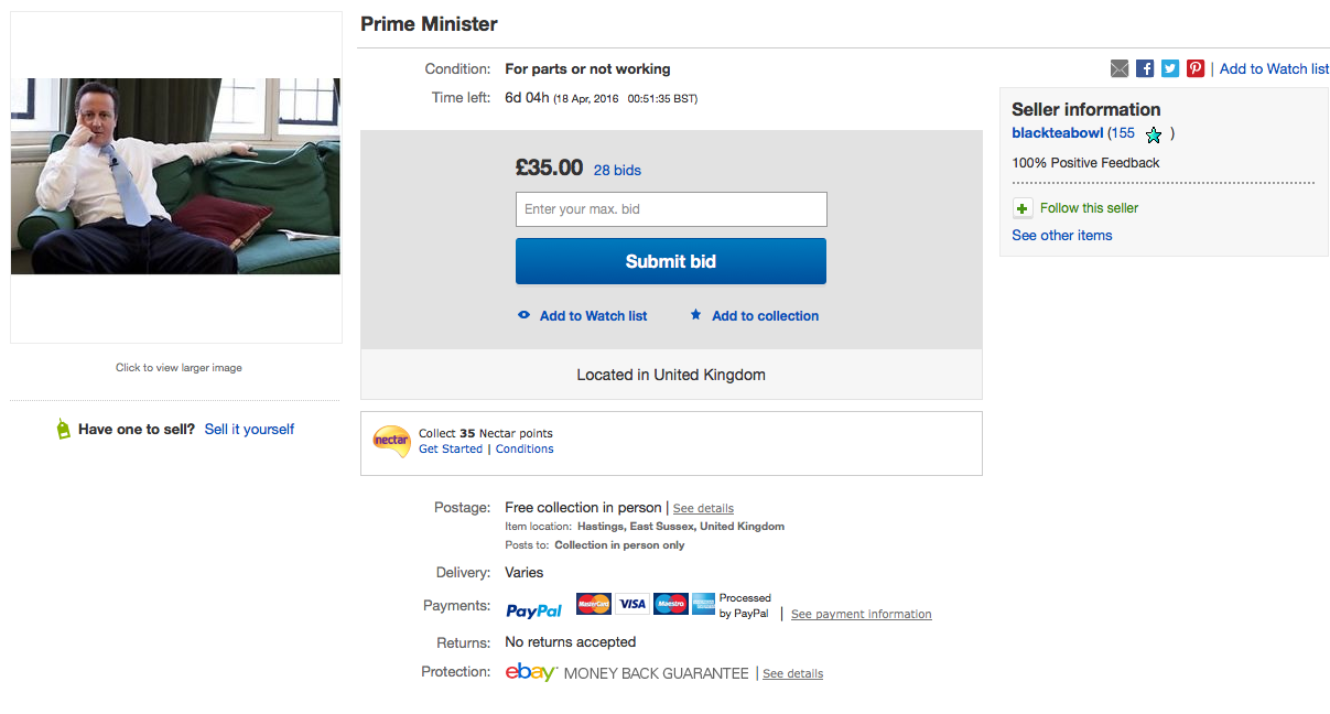 David Cameron has been listed on eBay