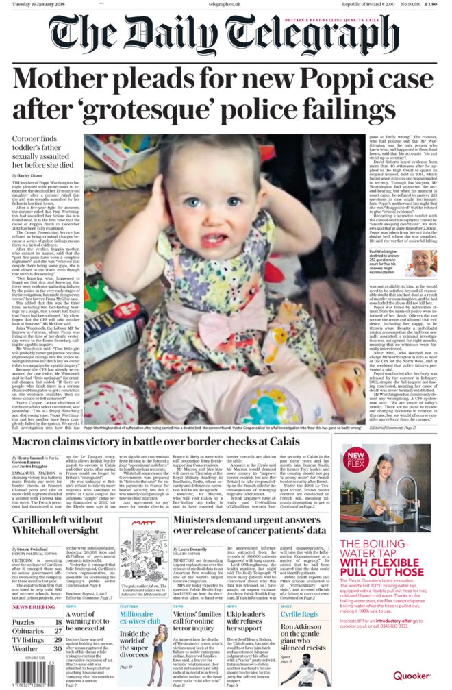 The Telegraph Front Page - 16.01.18