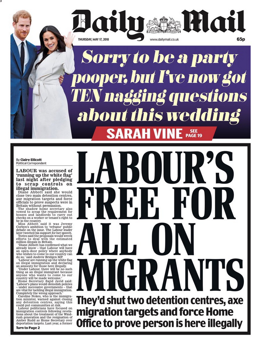 Daily Mail Front Page May 17th - Labour's Free For All On Migrants