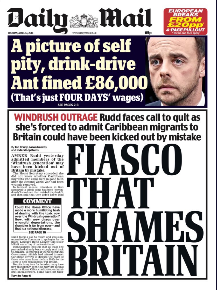 Daily Mail Front Page April 17th 2018 - Fiasco That Shames Britain - Windrush