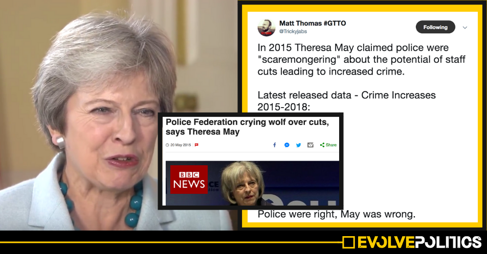 Homicides up 33%. Knife Crime up 62%. Robberies up 58%. Are your own crime figures just “scaremongering” now, Theresa?
