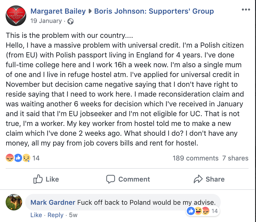 Boris Johnson Supporters' Group "Fuck off back to Poland"