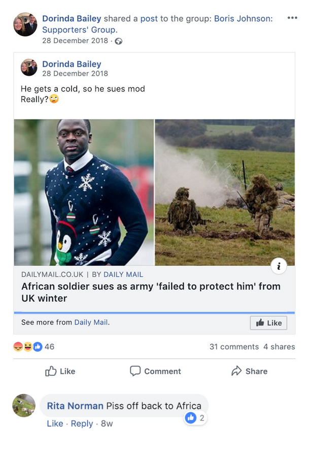 Boris Johnson Supporters' Group "piss off back to Africa"