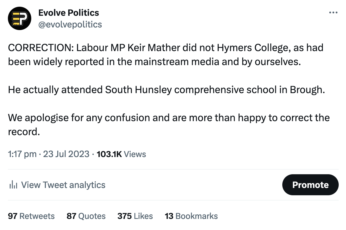 Evolve Politics Keir Mather Private School Correction Tweet Deleted