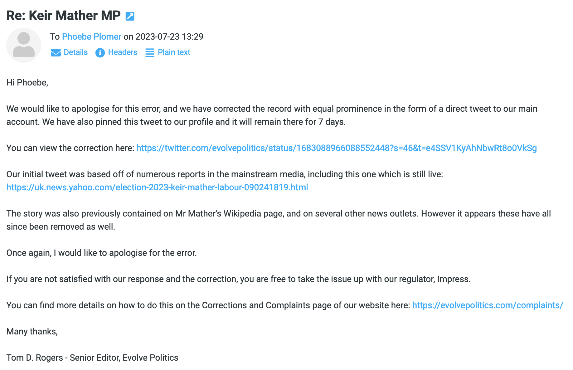 Evolve Politics Retraction Email Phoebe Plomer Keir Mather